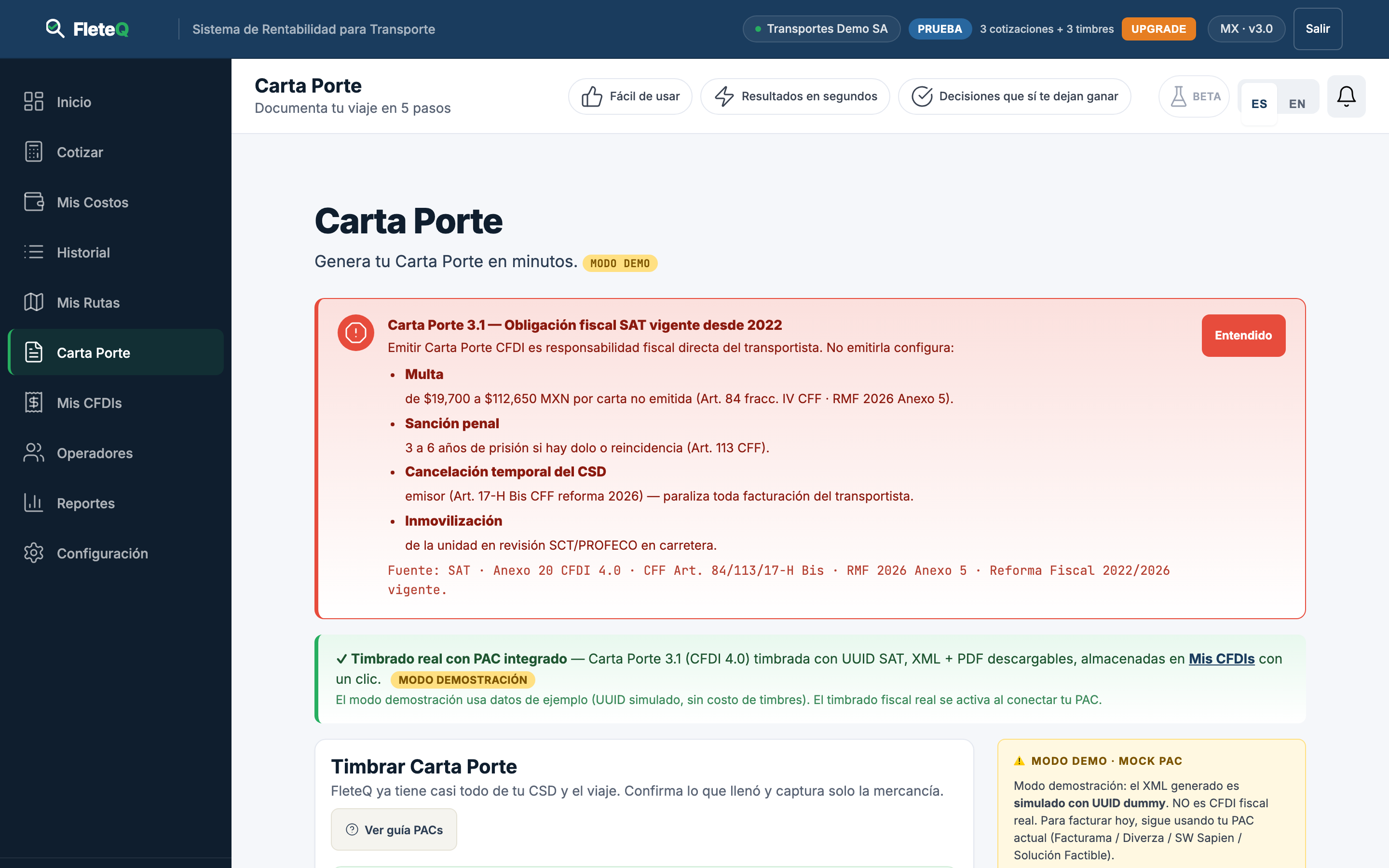 Carta Porte 3.1 en FleteQ: banner de obligación fiscal SAT y wizard CFDI guiado de 5 pasos.