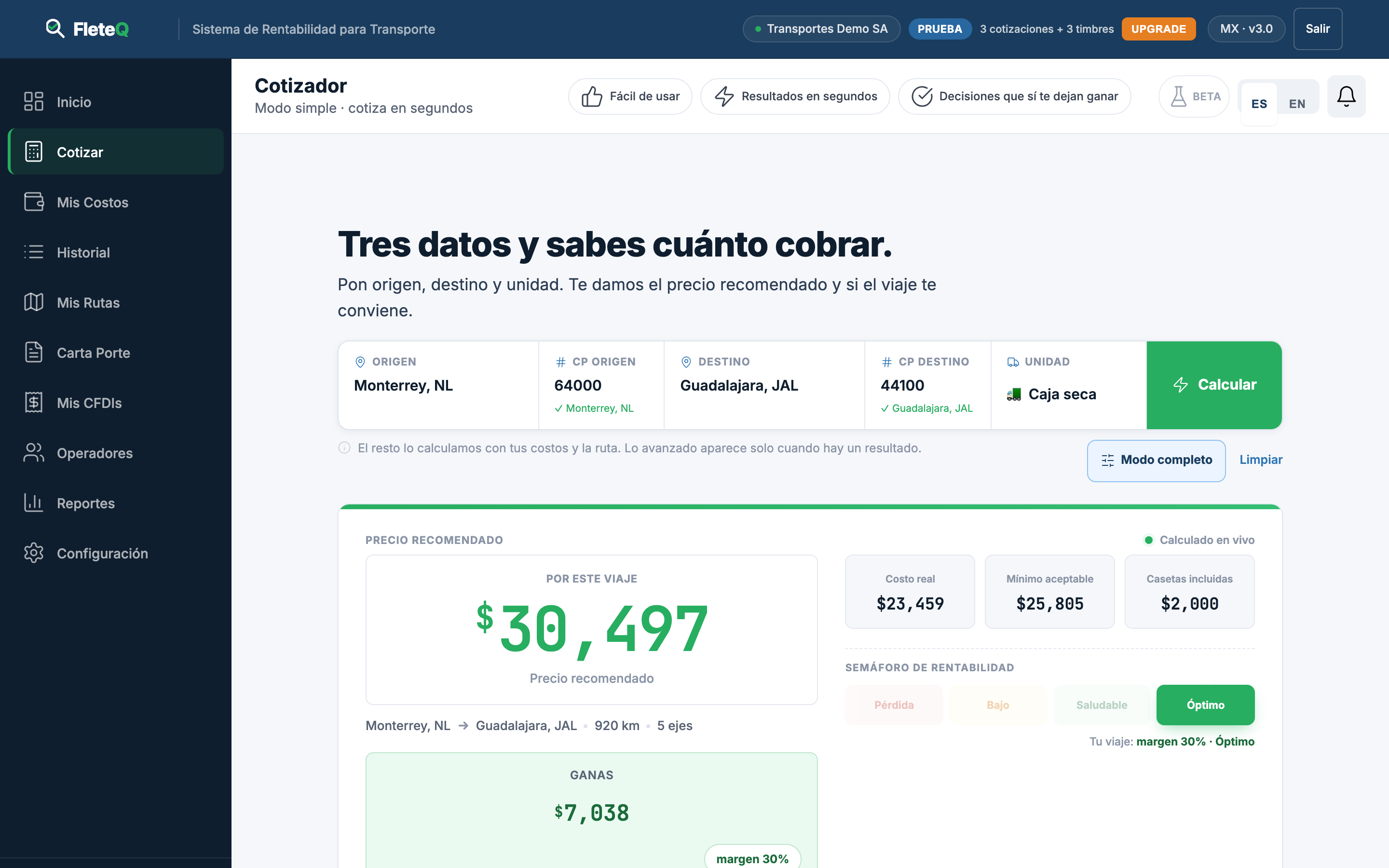 Cotizador FleteQ en Modo Simple: ruta Monterrey → Guadalajara, precio recomendado $30,497, ganancia $7,038, margen 30%, semáforo en óptimo.