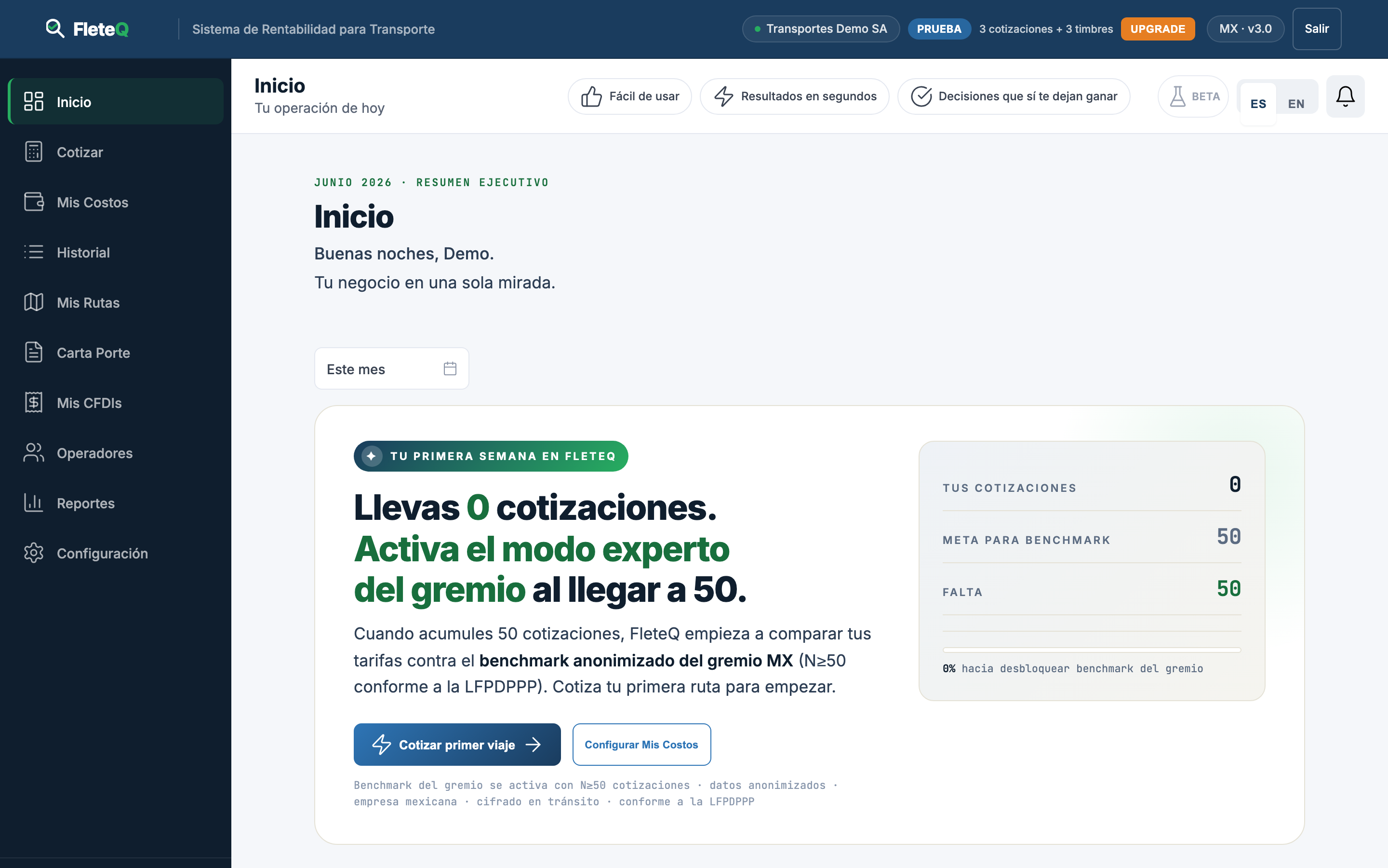 Inicio de FleteQ: Insight Card con el progreso hacia el benchmark del gremio y las métricas de cotizaciones del mes.