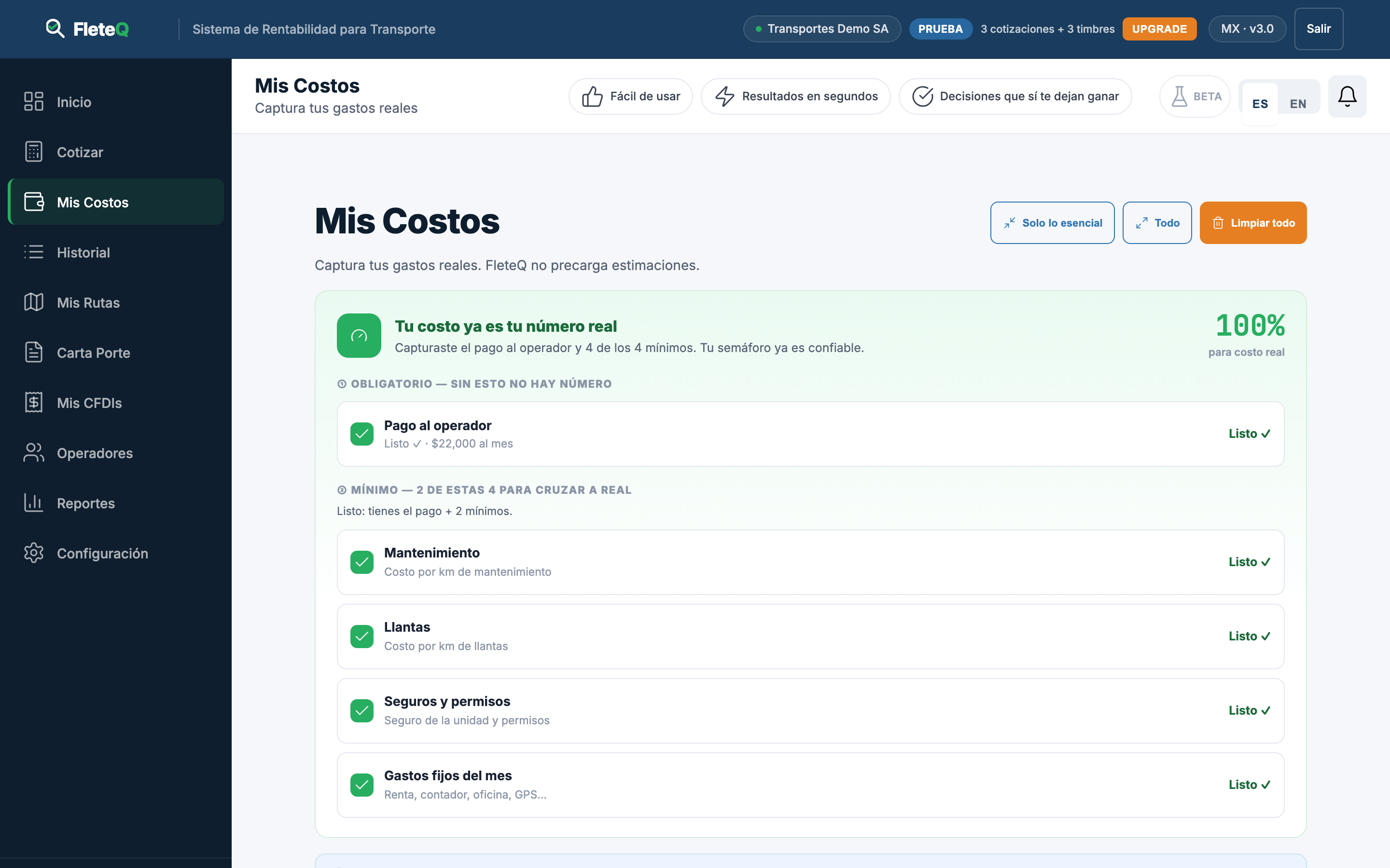 Mis Costos de FleteQ: resumen con costo por kilómetro $32.37, costo fijo mensual $66,590 y desglose por categoría (diésel, operador, mantenimiento, llantas, peajes).