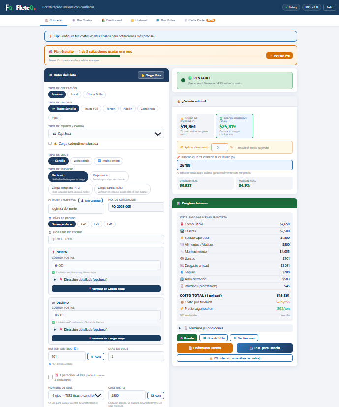 Cotizador FleteQ con todos los costos